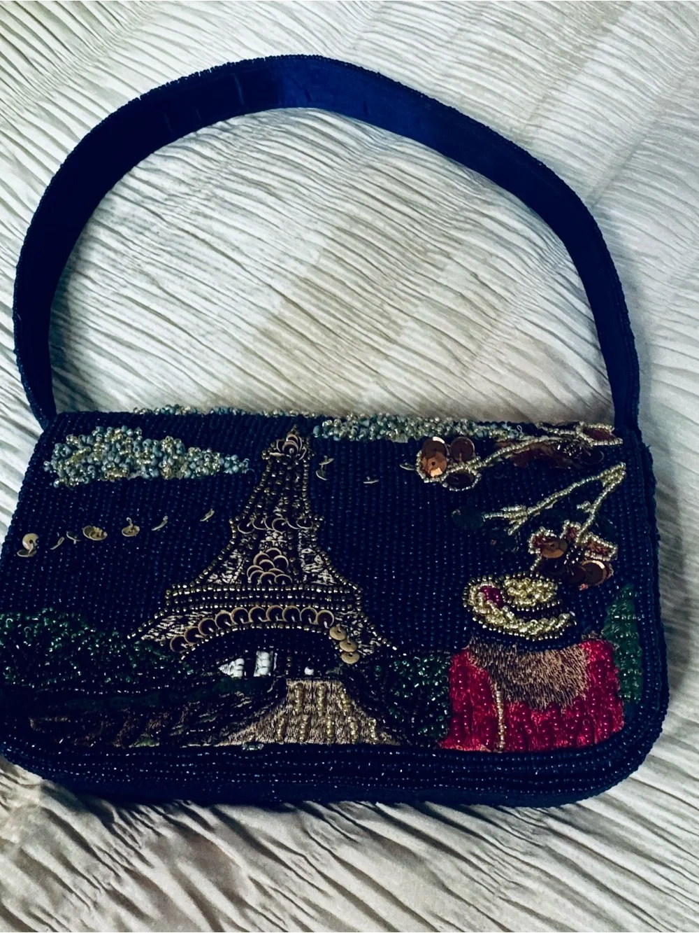 New Viral Paris Beaded Navy Bag with Paris Motif